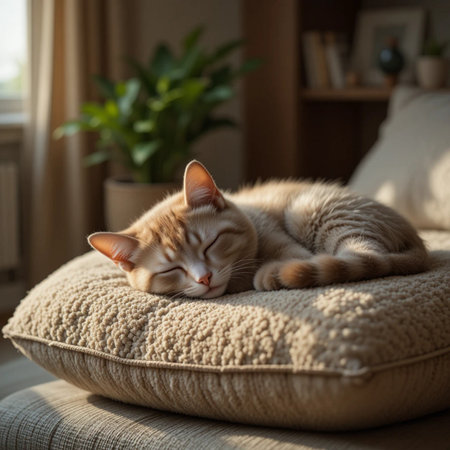 Cute ginger cat sleeping on soft pillow at home, closeupの素材