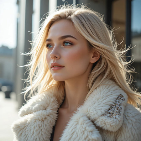 fashion outdoor photo of beautiful sensual woman with blond hair in luxurious fur coatの素材