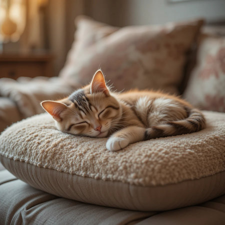 Cute tabby cat sleeping on soft pillow at home, stock photoの素材