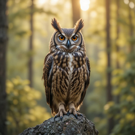 Eurasian eagle owl (Bubo bubo) sitting on a rock in the forestの素材