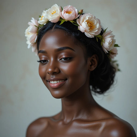Beauty portrait of young African American woman with flowers in hairの素材