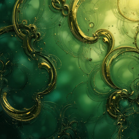 Abstract green background with golden ornament. Fantasy fractal texture. 3D rendering.の素材