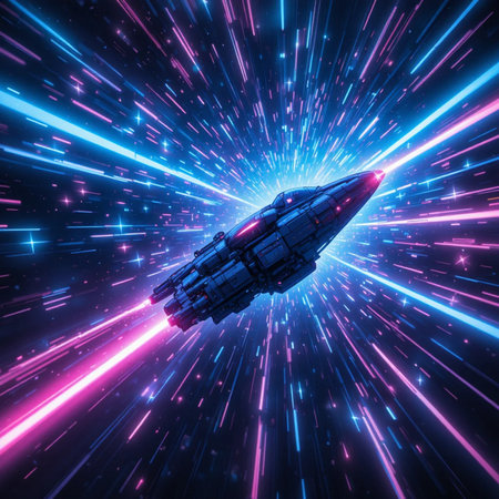 Futuristic spaceship flying in the space. 3D Renderingの素材