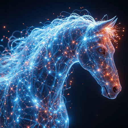 Digital Illustration of a Horse with Polygonal Particles and Lightの素材