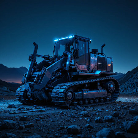 Heavy bulldozer working in a quarry at night. Selective focusの素材