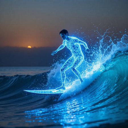 Surfer on blue ocean wave at sunset. 3D Renderingの素材