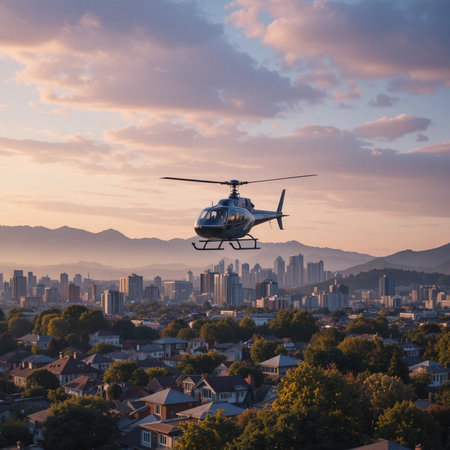 Helicopter flying over the city during sunset.の素材