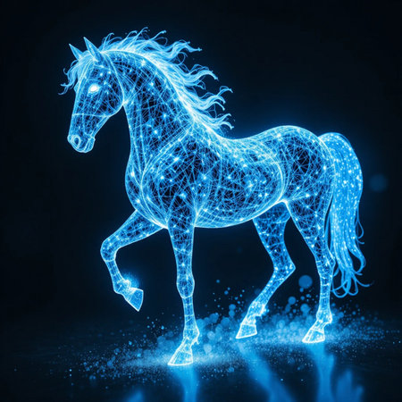 Horse polygonal wireframe on dark background. 3D renderingの素材