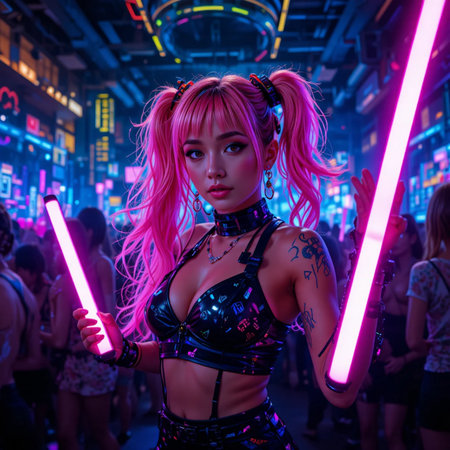 Portrait of a beautiful Asian girl with pink hair in a nightclubの素材