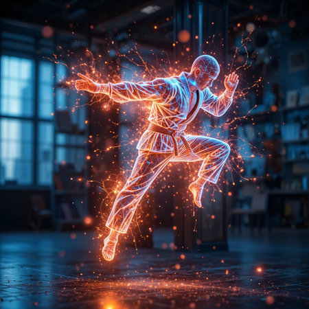 3D rendering of a male karate fighter flying in a dark roomの素材