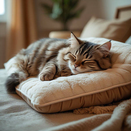 Cute tabby cat sleeping on pillow at home. Fluffy pet.の素材