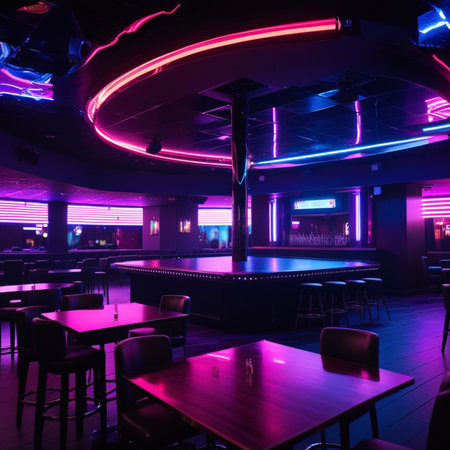 Interior of a night club with neon lights, neon lights and seatsの素材