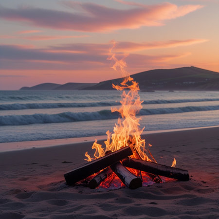 Bonfire on the beach at sunset in Scotland, United Kingdom.の素材