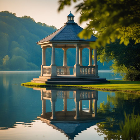 Bavarian gazebo on the lake at sunset.の素材