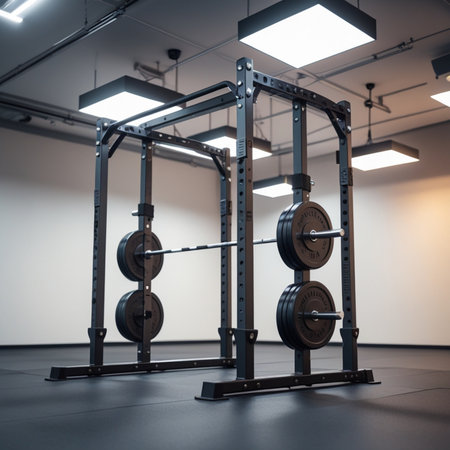 Interior of a modern gym with barbells. 3d renderingの素材