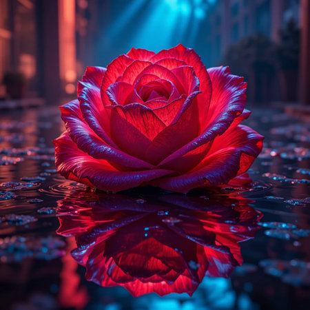 Beautiful red rose on the background of the night city with reflection.の素材