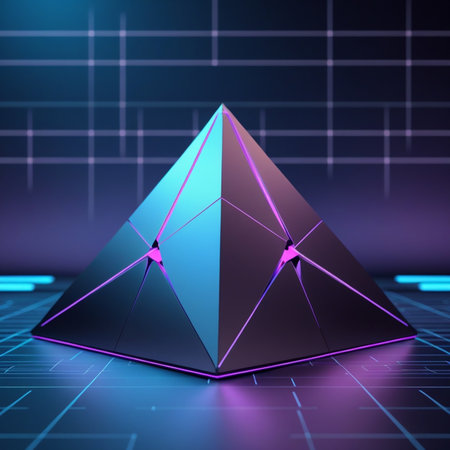 3d rendering of a pyramid on a dark background with neon lightsの素材