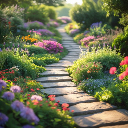 Garden path with colorful flowers in the morning light. Nature backgroundの素材