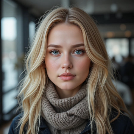 Portrait of a beautiful young woman with blond hair in a knitted sweater and scarf. Beauty, fashion.の素材