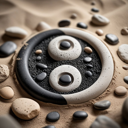 Spa stones with zen symbol on sand background, closeupの素材