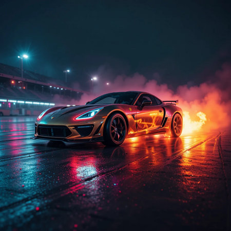 sport car on the road at night with fog in the backgroundの素材
