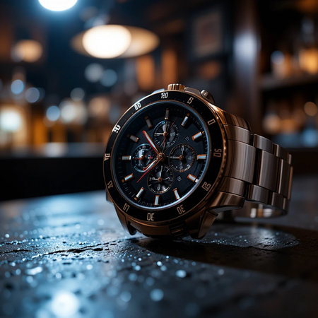 Men's wrist watch on a dark background. Selective focus.の素材
