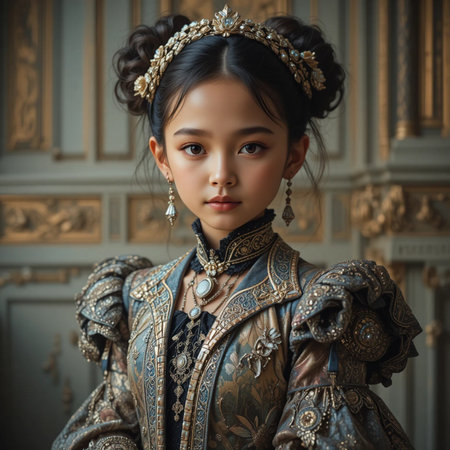 Portrait of a beautiful Asian girl in a medieval dress. Vintage style.の素材