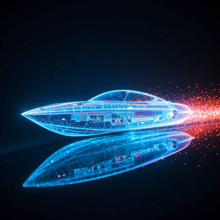 Futuristic flying saucer on a dark background. 3d renderingの素材