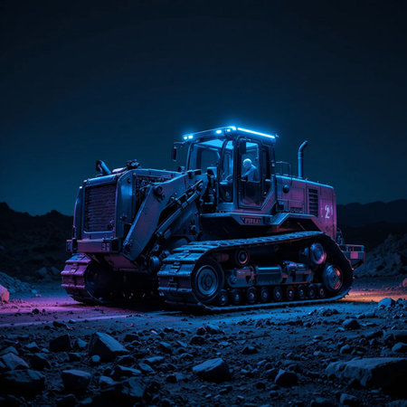 Excavator working in the coal mine at night. Heavy duty mining equipment.の素材