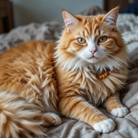 Cute ginger cat lying on the bed and looking at the cameraの素材