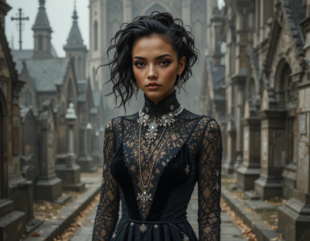 fashion outdoor photo of beautiful sensual woman with dark hair in elegant dress posing in old cemeteryの素材