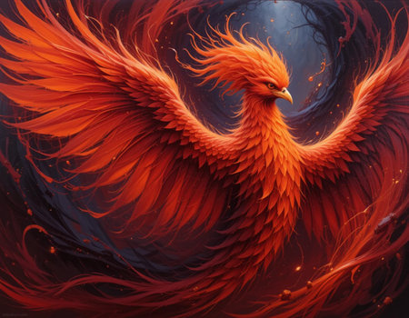 3d rendering of a golden phoenix with red feathers on a dark backgroundの素材