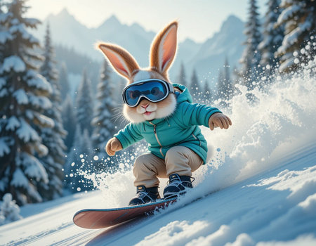Funny bunny with snowboard in the mountains. Winter holidays.の素材