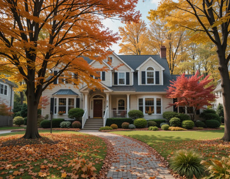 Autumn maple trees in front of a house in the fall.の素材