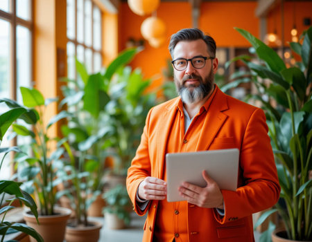 Portrait of a handsome mature man in orange suit and eyeglasses using a digital tablet in a coffee shop.の素材