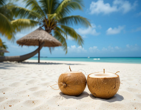 Coconuts on a tropical beach with palm trees and hammockの素材