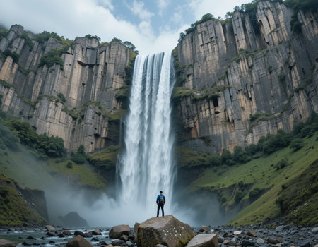 Man standing on the edge of a cliff and looking at the waterfallの素材