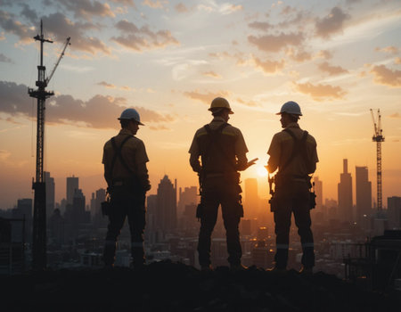 Silhouette of engineer and architect on building site with sunset backgroundの素材