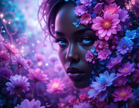 Beautiful young woman with pink flowers in her hair. Fantasy portrait.の素材