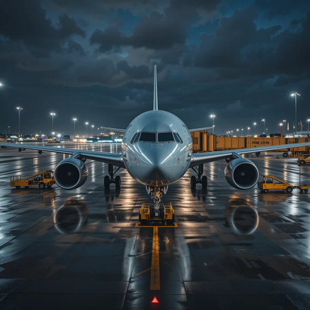 Airplane in the airport at night. Travel and transportation concept.の素材