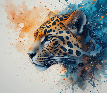 Leopard portrait on colorful watercolor background. Digital art painting.の素材