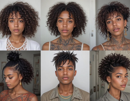 collage of young African American woman with different hairstylesの素材