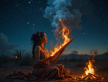 Beautiful Indian woman playing flute in the desert at nightの素材