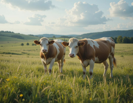 Two cows on a green meadow at sunset in summertime.の素材