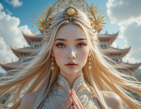 beautiful Asian woman with long blond hair in Chinese templeの素材