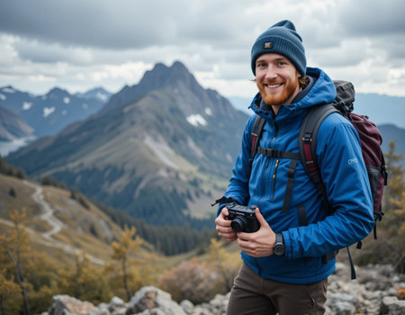 Handsome young man in a blue jacket with a backpack and a camera on the background of mountains.の素材