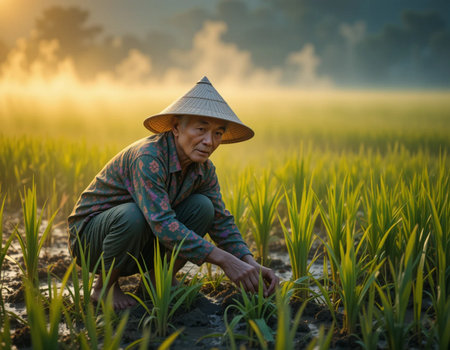 Vietnamese farmer working on rice field at sunset, Vietnam.の素材
