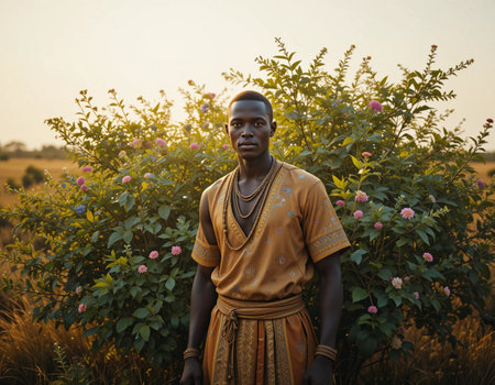 Young African man in traditional clothes standing among rose bushes at sunset.の素材