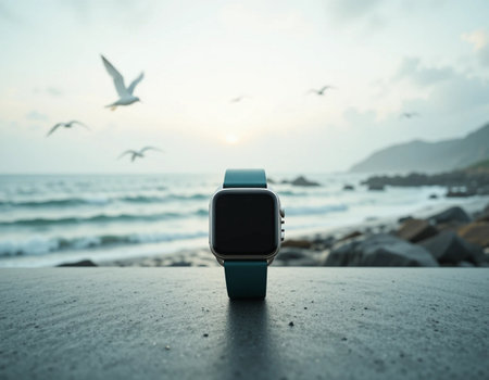 smart watch on the background of the sea and the sky with seagullsの素材