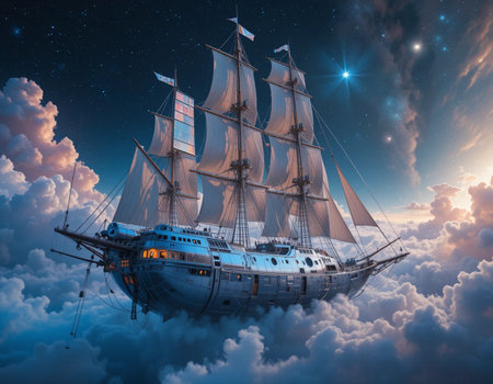 Sailing ship in the sky. 3D render. Fantasy.の素材